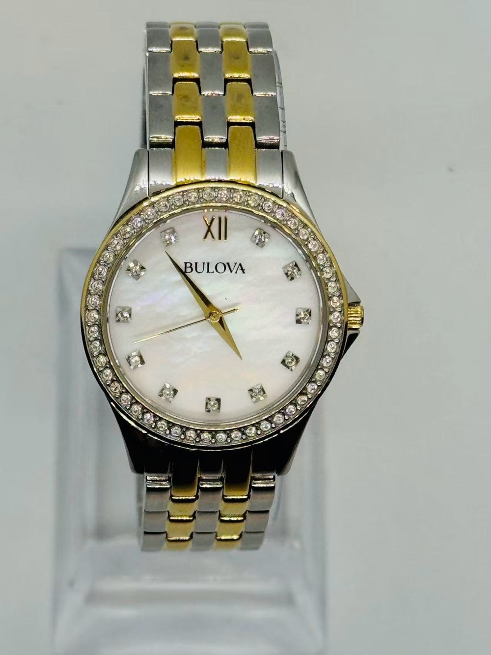 Bulova Women Quartz Watch MOP Dial Crystal Bezel Two Tone 28mm New Battery Runs